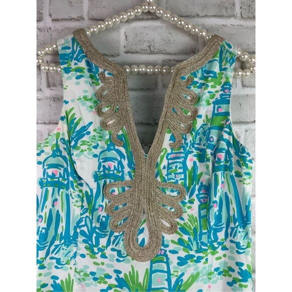 Lilly Pulitzer Janice Shift Dress High Beam Lighthouses Gold Metallic Trim Size - Picture 3 of 10